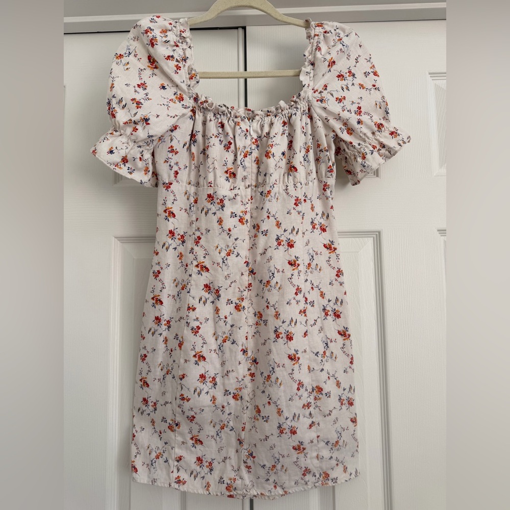 100% linen Reformation White Floral Mini Dress Robles puffed sleeves